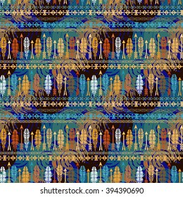 Ethnic abstract seamless pattern, feathers, arrows. Tribal art boho print, border ornament. Background texture, decoration