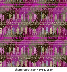 Ethnic abstract seamless pattern, feathers, arrows. Tribal art boho print, border ornament. Background texture, decoration