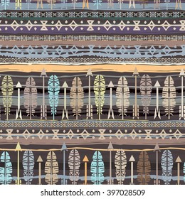 Ethnic abstract seamless pattern, feathers, arrows. Tribal art boho print, border ornament. Background texture, decoration