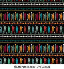 Ethnic abstract seamless pattern, feathers, arrows. Tribal art boho print, border ornament. Background texture, decoration