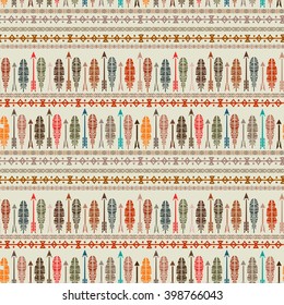 Ethnic abstract seamless pattern, feathers, arrows. Tribal art boho print, border ornament. Background texture, decoration