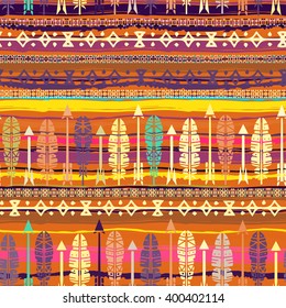 Ethnic abstract seamless pattern, feathers, arrows. Tribal art boho print, border ornament. Background texture, decoration