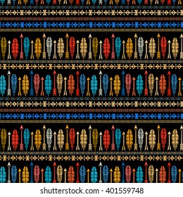 Ethnic abstract seamless pattern, feathers, arrows. Tribal art boho print, border ornament. Background texture, decoration