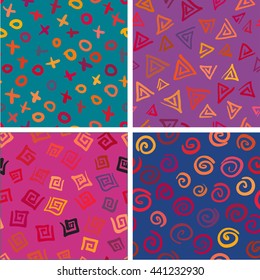 Ethnic abstract seamless pattern. Set of hand drawn sketch. Vector illustration. Green, pink, purple colors. 
