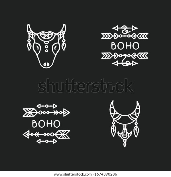 Ethnic accessories in boho style chalk\
white icons set on black background. Arrows with feathers charms.\
Bull head native american tribal symbol. Isolated vector chalkboard\
illustrations