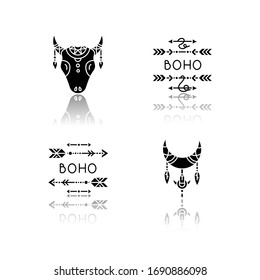 Ethnic accessories in boho style drop shadow black glyph icons set. Arrows with feathers charms. Bull head native american tribal symbol. Isolated vector illustrations on white space