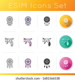 Ethnic accessories in boho style icons set. Arrow with feathers charm. Dreamcatcher amulet. Bohemian decorations. Linear, black and RGB color styles. Isolated vector illustrations