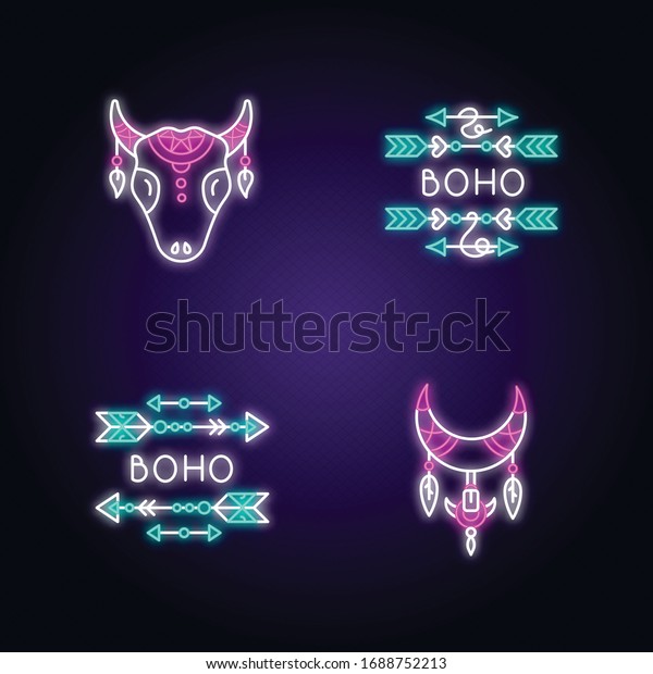 Ethnic accessories in boho style neon light\
icons set. Arrows with feathers charms. Bull head native american\
tribal symbol. Signs with outer glowing effect. Vector isolated RGB\
color illustrations
