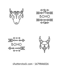 Ethnic accessories in boho style pixel perfect linear icons set. Arrows with feathers charms. Customizable thin line contour symbols. Isolated vector outline illustrations. Editable stroke