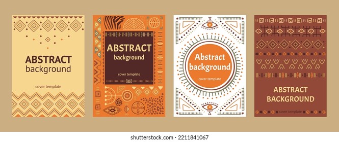 Ethnic african covers design. Colombian ancient style template, indian tribe typography poster boho art. Bohemian fashion geometric classy vector background