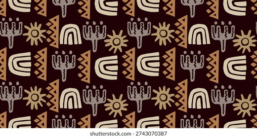 Ethnic African Landscape Seamless Pattern on Brown Background. Sun, mountains and tree ornament in ethnic African style on dark brown background. Seamless repeating vector pattern for textile, fabric and decorative print design.