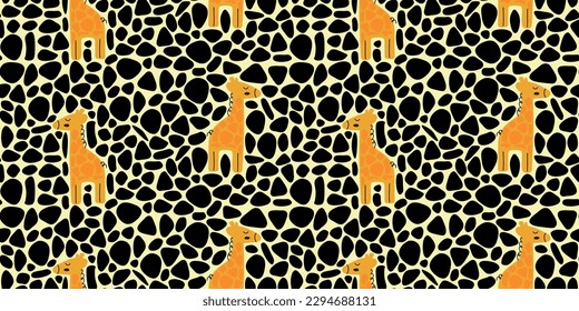 Ethnic African pattern with giraffes. Stylish pattern in flat style on a yellow-black background. Seamless vector pattern for children's clothing, school supplies, wallpapers, postcards.