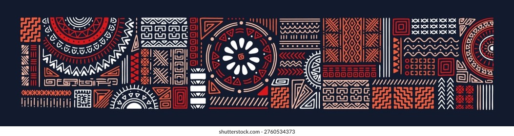 Ethnic African and Peruvian patterns. Geometric tribal motifs, prints, abstract line drawing elements. Decorative boho doodles, folk geometry, shapes, symbols. Hand-drawn vector illustrations