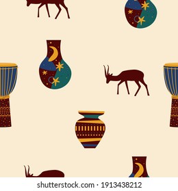 Ethnic african seamless pattern background. African traditionat tribal symbols seamless pattern for textile, souvenir shop wrapping paper, t shirt print, tourism agency flyer advertising etc. 