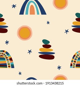Origen de la tónica de África étnica sin fisuras. Símbolos tribales tradicionales africanos, patrón sin fisuras para textiles, papel de envoltura en la tienda de souvenirs, impresión de camisetas, publicidad de folletos de la agencia de turismo, etc. 