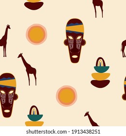 Ethnic african seamless pattern background. African traditionat tribal symbols seamless pattern for textile, souvenir shop wrapping paper, t shirt print, tourism agency flyer advertising etc. 