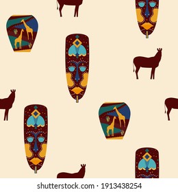 Origen de la tónica de África étnica sin fisuras. Símbolos tribales tradicionales africanos, patrón sin fisuras para textiles, papel de envoltura en la tienda de souvenirs, impresión de camisetas, publicidad de folletos de la agencia de turismo, etc. 