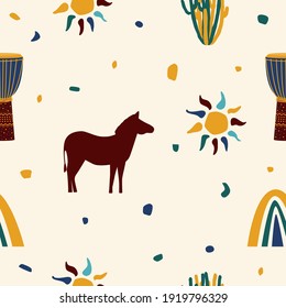 Ethnic african seamless pattern background. African traditionat tribal symbols seamless pattern for textile, souvenir shop wrapping paper, t shirt print, tourism agency flyer advertising etc. 