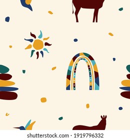Ethnic african seamless pattern background. African traditionat tribal symbols seamless pattern for textile, souvenir shop wrapping paper, t shirt print, tourism agency flyer advertising etc. 