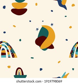 Origen de la tónica de África étnica sin fisuras. Símbolos tribales tradicionales africanos, patrón sin fisuras para textiles, papel de envoltura en la tienda de souvenirs, impresión de camisetas, publicidad de folletos de la agencia de turismo, etc. 