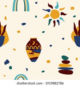 Origen de la tónica de África étnica sin fisuras. Símbolos tribales tradicionales africanos, patrón sin fisuras para textiles, papel de envoltura en la tienda de souvenirs, impresión de camisetas, publicidad de folletos de la agencia de turismo, etc. 