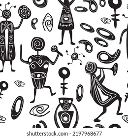 Ethnic African seamless pattern. The culture of the peoples of Africa. Elements for fabric . Abstraction. Decoration. Religious dances and songs. Signs and symbols of the peoples of the world.