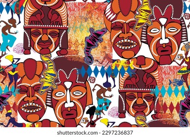 Ethnic African seamless pattern. The culture of the peoples of Africa. Elements for fabric . Abstraction. Decoration. Religious dances and songs. Signs and symbols of the peoples of the world