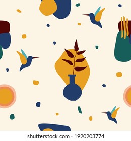 Ethnic african seamless pattern. African traditional tribal symbols seamless pattern for textile, souvenir shop wrapping paper, t shirt print, tourism agency flyer advertising. Hummingbird background.