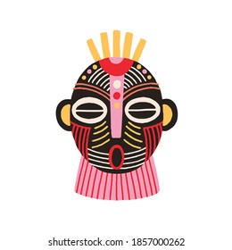 Máscara tribal de etnia africana con boca abierta y ojos cerrados. Aterrador antiguo símbolo ritual o recuerdo. Ilustración vectorial plana dibujada a mano aislada en fondo blanco. Elemento de imagen prediseñada para el diseño