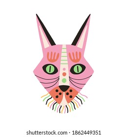 Ethnic african tribal mask. Pink ritual symbol or souvenir. Ancient religious art. Flat vector illustration isolated on white background