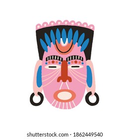 Ethnic african tribal pink mask with closed eyes and open mouth. Traditional holy symbol. Ancient art. Flat vector illustration isolated on white background