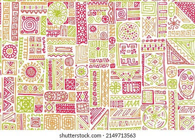 Ethnic african vector seamless ornament. Cloth fabric print design. African or american ethnic tribal hand drawn swatch. Oriental doodle patchwork. Zig zag stitch triangle elements texture.
