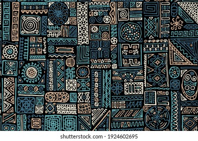 Ethnic african vector seamless pattern. Fashion fabric print design. African or brazilian ethnic tribal hand drawn swatch. Chic doodle patchwork. Seamless pattern with hipster motifs.