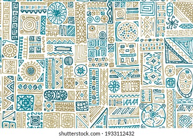 Ethnic african vector seamless pattern. Fashion fabric print design. African or peruvian ethnic tribal hand drawn swatch. Cool doodle patchwork. Mix shapes geometry collage.