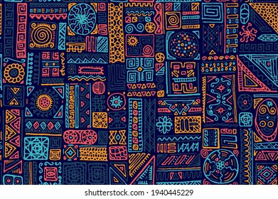 Ethnic african vector seamless pattern. Dress fabric print design. African or aztec ethnic tribal hand drawn swatch. Simple doodle patchwork. Zigzag line rhombus elements texture.