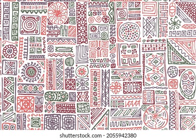 Patrón constante del vector étnico africano. Diseño de impresión de tela de moda. Vegetación hecha a mano por tribus étnicas africanas o indias. Maqueta de doodle creativa. Patrón de bordado decorativo.