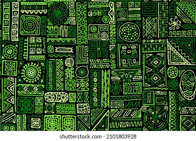Ethnic african vector seamless pattern. Cloth textile print design. African or mayan ethnic tribal hand drawn swatch. Vintage doodle patchwork. Mix shapes geometry collage.