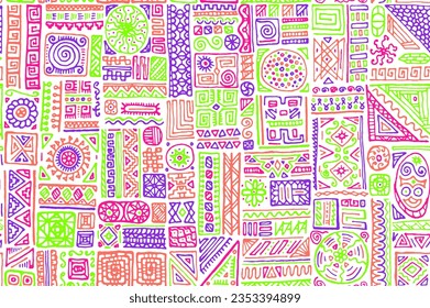 Ethnic african vector seamless pattern. Apparel fabric print design. African or aztec ethnic tribal hand drawn swatch. Scrapbook doodle patchwork. Zigzag stripe rhombus elements texture.