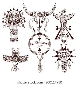 Ethnic american tribes animal totems hand drawn decorative elements set isolated vector illustration