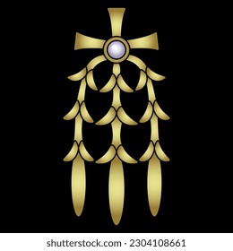 Ethnic ancient Egyptian ornament with stylized floral motifs and cross symbol. Jewelry design. Glossy golden silhouette with pearl bead on black background.