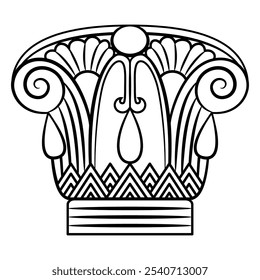 Ethnic ancient Egyptian ornament. Symmetrical antique decor with spirals and palmette motives. Stylized lotus flower. Black and white linear silhouette.