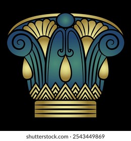 Ethnic ancient Egyptian ornament. Symmetrical antique decor with spirals and palmette motives. Stylized lotus flower. Blue and gold silhouette on black background.