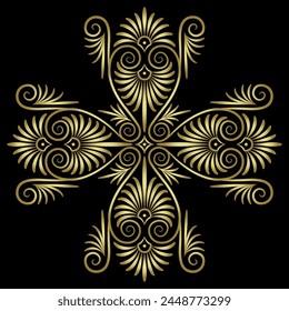 Ethnic ancient Greek cross shape ornament with spiral palmette motifs. Golden glossy silhouette on black background.