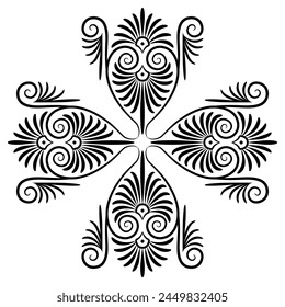 Ethnic ancient Greek cross shape ornament with spiral palmette motifs. Black silhouette on white background.