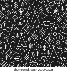 Ethnic ancient shamanic tribal style fashion seamless pattern. Vector hand drawn doodle cartoon line illustration. Primitive tribal,shaman,indian,shamanic,magic mushroom,floral seamless pattern