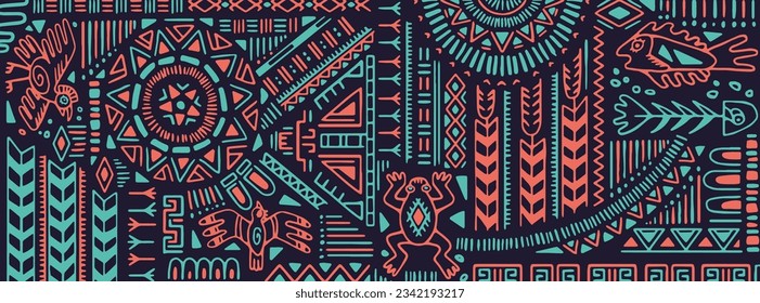 Ethnic, ancient tribal pattern. Aztec symbols, tribe elements, Mexican shapes ornaments. Peruvian background design in boho style. Abstract Inca, Apache decoration. Hand-drawn vector illustration