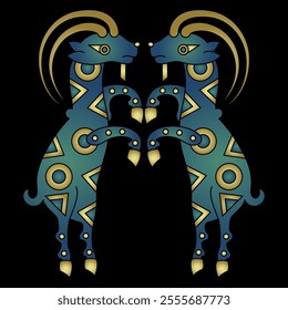 Ethnic animal design with two dancing goats standing on hind legs. Ancient Iranian folk motif from Sogdia or Sogdiana. Blue and gold gazelle silhouette on black background.