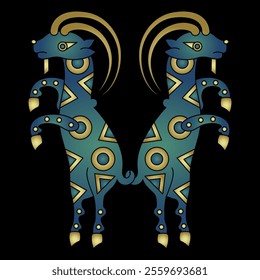 Ethnic animal design with two dancing goats standing on hind legs. Ancient Iranian folk motif from Sogdia or Sogdiana. Blue and gold gazelle silhouette on black background.