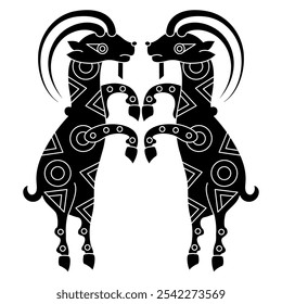 Design de animais étnicos com duas cabras dançarinas engraçadas. Antigo motivo popular iraniano de Sogdia ou Sogdiana. Silhueta em preto e branco.