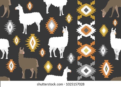 Ethnic animal print. Seamless vector pattern with llamas and geometric ornaments on dark grey background.